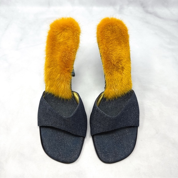 Giuseppe Zanotti Vicini Vintage Rare Mink Fur Glitter Denim Mule Slide Heels 39 - Picture 4 of 12